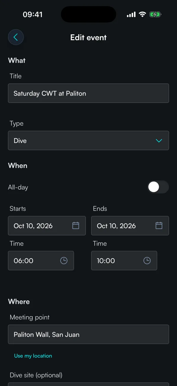 The event builder, where a course or a trip is set up.