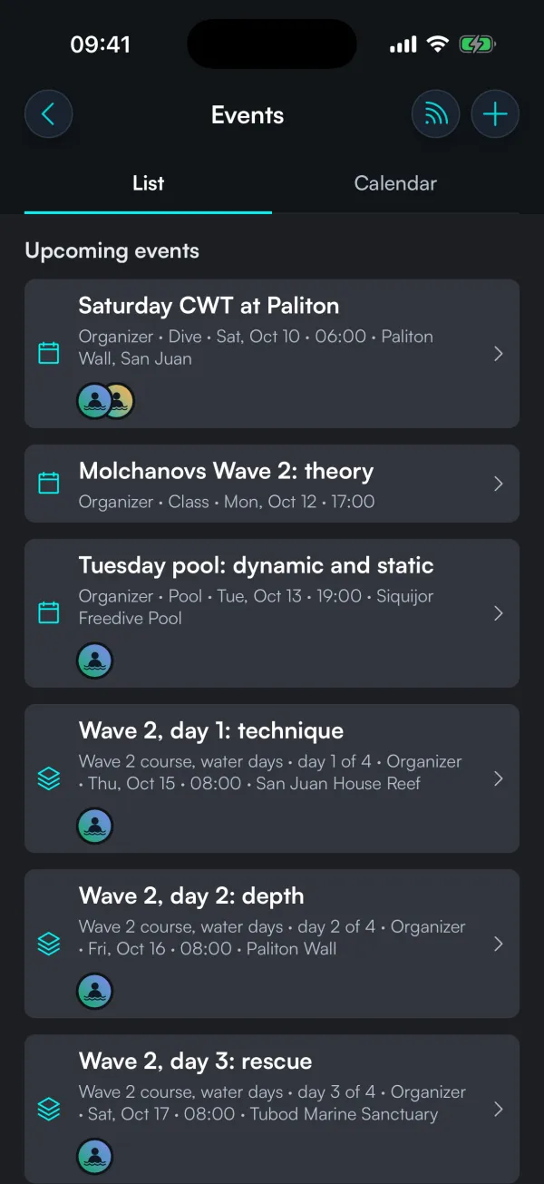 The events screen, listing upcoming and past events.
