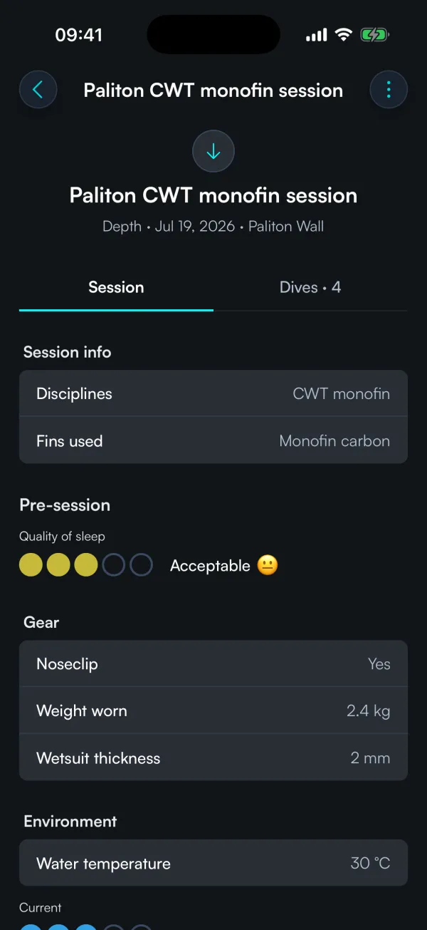 Logging a session, with each dive listed and its fields ready to fill in.