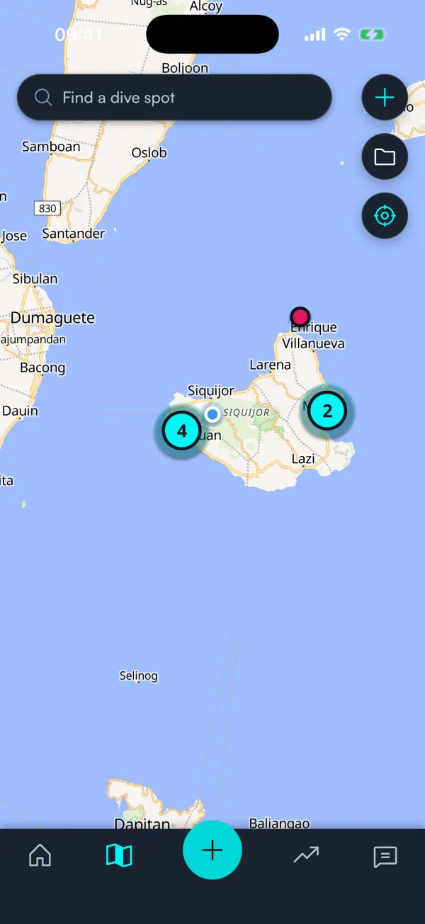 The map over Siquijor, with a diver's own dive sites gathered into numbered clusters and a single pin.